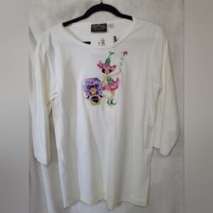 New Bob Mackie Shirt Women Size S White Floral Embroidered  Fairies